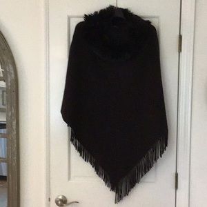 Shawl, fur collar, fringe trim, black, one size